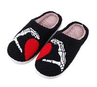 Halloween Spooky Slippers for Women Men Novelty Funny Skull Heart Plush Fuzzy Cushion Slipper Couple Slip-on Indoor House Home Lovely Soft Fuzzy Thermal Slider Shoes Black