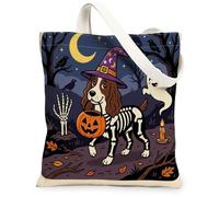 Halloween Springer Spaniel Dog Canvas Tote Bag for Shopping 13x15, Horror Puppy Graveyard Reusable Grocery Print Pattern Bag for Women, Spooky Scary Aesthetic Painting Gift Decor