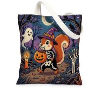 Halloween Squirrel Canvas Tote Bag for Shopping 13x15, Horror Animal Graveyard Reusable Grocery Print Pattern Bag for Women, Spooky Scary Aesthetic Painting Gift Decor