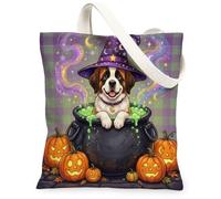 Halloween St. Bernard Dog Canvas Tote Bag for Shopping 13 * 15, Holiday Cauldron Reusable Grocery Bag for Women, Witch Work Travel Painting Gift Decor