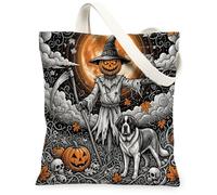 Halloween St. Bernard Dog Canvas Tote Bag for Shopping 13 * 15, Holiday Scarecrow Reusable Grocery Shoulder Bag for Women, Owl Painting Gift Decor