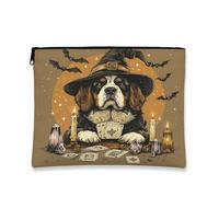 Halloween St. Bernard Dog Makeup Bag 7''x9'' for Travel Pouch, Fun Scary Witch Bat Toiletry Cosmetic Pouch for Women Gift, Witchy Tarot Portable Canvas Zipper Organizer