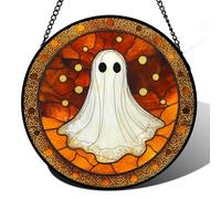 Halloween Stained Glass Suncatcher,9.8 Inch White Ghost with Orange Accents, Funny Spooky Window Hanging for Doors Garden Indoor Decor