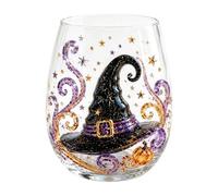 Halloween Stemless Wine Glass, Gothic Artisanal Cocktail Tumbler | Handcrafted Clear Glassware with Spooky Wizard Hat and Bat Designs, Decorative Drinkware for Halloween Parties