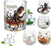 Halloween Stemless Wine Glasses, Kraken Rum Glass Octopus,Rocks Glass for Bourbon Scotch Cocktail, Cute Pumpkin,Spider & Spooky Ghost Theme Halloween Thanksgiving Birthday Gift for Men (Cat)