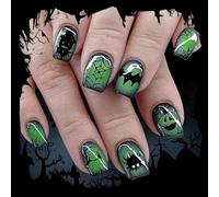 Halloween Stick On Nails, Press On Nails Short With Glue 24Pcs, Square False Nails Green Black Featuring Spider Web Ghost Pumpkin Designs, Fake Nail For Halloween Party DIY Nail Art