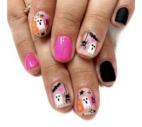 Halloween Stick on Nails, Short False Nails with Glue, 24Pcs Square Press on Nails with Cute Cartoon Ghost Bat Spider Designs in Deep Pink and Black Fake Nail for Halloween Nail DIY
