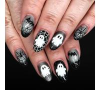 Halloween Stick-on Nails Tips Black Gray Glitter Gradient Look, 24 Piece Fake Nails Set with Web Bat Art for Holiday Photoshoot Looks False Tips Artificial Stick on Manicure Eerie Gothic Holiday Look