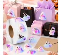 Halloween Stickers 500pcs Roll, Holographic Ghost Pumpkin Witch Waterproof Seal Labels, Cute Halloween Party Favor Stickers, Gift Bags, Scrapbook, Envelope Sealing Decoration (Halloween-Ghost)
