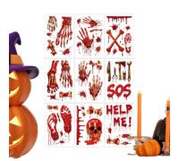 Halloween Stickers Scary - Creepy Bloody Handprint with Party Haunted House, Footprint Skeleton Decal for Scary Wall Glass, Car Decor, Red Horror PVC Sticker, Easy Peel Use