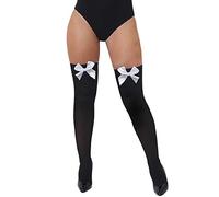 HALLOWEEN STOCKINGS OR TIGHTS FANCY DRESS ACCESSORY LADIES SPOOKY HOSIERY PUMPKINS GHOSTS DEVIL SEXY HOLD UPS FASHION TIGHTS ONE SIZE (BLACK STOCKINGS WITH WHITE BOWS)