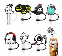 Halloween Straw Covers Cap,Ycoolle 8 Pcs Reusable Silicone Halloween Straw Topper Creative Straws Tips Cover Suitable for 1/4~1/3 inch Drinking Straws Mug Accessories (8)