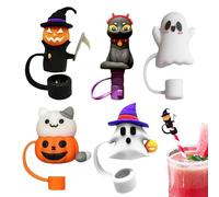 Halloween Straw Toppers, Halloween Cat Straw Cover, 5 Pieces Cartoon Set with Reusable Dust Plugs for Drinking, 10 mm Straw Tip Lid, Dustproof, Halloween Style, Straw To