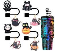Halloween Straw Toppers Set, Black Ghost Straw Covers Cap with Clip-on Skull Charms for 30oz 40 0z Stanley Tumblers, Dust-Proof Reusable CupTips Lids for Halloween Gifts