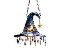 Halloween Suncatcher Windows Decor, Gothic Stained Glass Witch Hat Ornament with Star & Moon, Spooky Hanging Decorations for Halloween Party, Witchcraft Supplies, Unique Witch Gifts for Adults