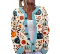 Halloween Sweater Halloween Cardigan for Women UK Plus Size Funny Pumpkin Ghost Jumper Lightweight Long Sleeve Button Down Knitted Sweaters Ladies Festival Outerwear Clothes (b-Light Blue, XXL)