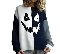 Halloween Sweater Women's Horror Spooky Face Patchwork Print Cozy Knit Sweatshirt Pumpkin Face Sweatshirt for Women Halloween Pumpkin Crewneck Sweater Funny Top Black