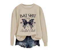Halloween Sweatshirt For Women Bat Shit Crazy Social Club Printed Crewneck Top Sweatshirts Costumes Adult 2025 Outfits Pullover Ladies (Khaki, XXL) Halloween Mask