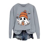 Halloween Sweatshirt For Women Cute Ghost Graphic Pullover Loose Creepy Pullover Vintage Long Sleeve Fall Celebration Top Halloween Street Parade Cloths (Grey, XXXL)