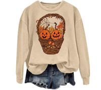 Halloween Sweatshirt For Women Cute Pumpkin Face Spiders Graphic Printed Crewneck Sweatshirts Costumes Pullover Adult 2025 Outfits Ladies (Khaki, XXL) Halloween Earrings For Women