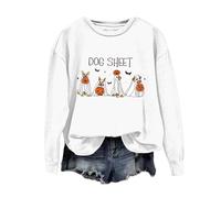 Halloween Sweatshirt For Women Dog Sheet Pumpkin Face Bats Printed Crewneck Tops Sweatshirts Costumes Ladies Adult Outfits Pullover 2025 (White, XL) Halloween Outfits Women