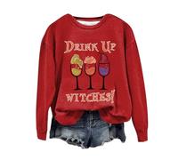 Halloween Sweatshirt For Women Drink Up Witches Wine Glass Printed Crewneck Tops Sweatshirts Costumes Outfits 2025 Pullover Adult Ladies (Red, M) Halloween Costumes Adult