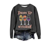 Halloween Sweatshirt For Women Drink Up Witches Wine Glass Printed Crewneck Tops Sweatshirts Costumes Outfits 2025 Pullover Adult Ladies (Grey, XL) Halloween Costumes Sexy Women