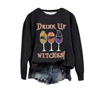 Halloween Sweatshirt For Women Drink Up Witches Wine Glass Printed Crewneck Tops Sweatshirts Costumes Outfits 2025 Pullover Adult Ladies (Black, XL) Halloween Cat Costumes Adult Women