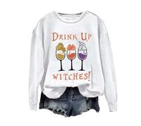 Halloween Sweatshirt For Women Drink Up Witches Wine Glass Printed Crewneck Tops Sweatshirts Costumes Outfits 2025 Pullover Adult Ladies (White, M) Halloween Costume Womens Sexy