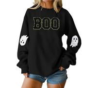 Halloween Sweatshirt for Women Ghost Printing Long Sleeve O Neck Pullover Tops Halloween Clothes Spooky Season Fall Hoodies Holiday Party