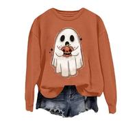 Halloween Sweatshirt For Women Ghost Pumpkin Face Printed Crewneck Long Sleeve Casual Fall Sweatshirts Adult Costumes Ladies 2025 Outfits Pullover (Orange, M) Womens Halloween Costume Adult Witch