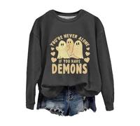 Halloween Sweatshirt For Women Ghost You're Never Alone If You Have Demons Printed Crewneck Sweatshirts Adult Costumes 2025 Pullover Ladies Outfits (Dark Gray, XXL) Halloween Sweatshirt For Women