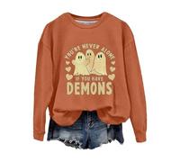 Halloween Sweatshirt For Women Ghost You're Never Alone If You Have Demons Printed Crewneck Sweatshirts Adult Costumes 2025 Pullover Ladies Outfits (Orange, M) Woman Halloween Outfit