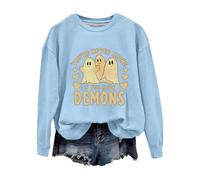 Halloween Sweatshirt For Women Ghost You're Never Alone If You Have Demons Printed Crewneck Sweatshirts Adult Costumes 2025 Pullover Ladies Outfits (Light Blue, S) Pumpkin Halloween Costume