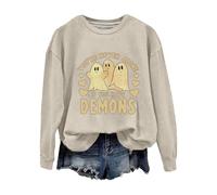 Halloween Sweatshirt For Women Ghost You're Never Alone If You Have Demons Printed Crewneck Sweatshirts Adult Costumes 2025 Pullover Ladies Outfits (Beige, L) Halloween Outfit Women