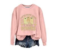Halloween Sweatshirt For Women Ghost You're Never Alone If You Have Demons Printed Crewneck Sweatshirts Adult Costumes 2025 Pullover Ladies Outfits (Pink, XXL) Halloween Socks Women
