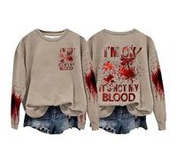 Halloween Sweatshirt For Women Im Ok It's Not My Blood Bloody Pumpkin Face Crewneck Cute Sweatshirts Costumes Pullover Outfits 2025 Adult Ladies (Khaki, XXL) Pumpkin Jumper