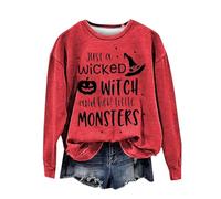 Halloween Sweatshirt For Women Just A Wicked Witch And Her Little Monsters Printed Crewneck Sweatshirts Adult Costumes Outfits Pullover Ladies 2025 (Red, S) Womens Plus Size Halloween Costume