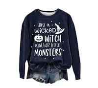 Halloween Sweatshirt For Women Just A Wicked Witch And Her Little Monsters Printed Crewneck Sweatshirts Adult Costumes Outfits Pullover Ladies 2025 (Navy, S) Womens Pumpkin Costume