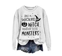 Halloween Sweatshirt For Women Just A Wicked Witch And Her Little Monsters Printed Crewneck Sweatshirts Adult Costumes Outfits Pullover Ladies 2025 (White, XXL) Womens Halloween Dress