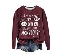 Halloween Sweatshirt For Women Just A Wicked Witch And Her Little Monsters Printed Crewneck Sweatshirts Adult Costumes Outfits Pullover Ladies 2025 (Wine, S) Ghost Halloween Costumes