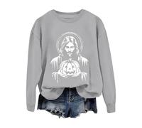 Halloween Sweatshirt For Women Pumpkin-Themed Pullover Loose Casual Creepy Top Long Sleeve Trendy Fall Pullover Tops Clothes For Halloween Events (Grey, XL)