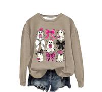 Halloween Sweatshirt For Women Pumpkins Face Bows Ghost Printed Crewneck Casual Sweatshirts Adult Ladies 2025 Costumes Outfits Pullover (Beige, S) Halloween Dress Women