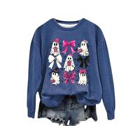 Halloween Sweatshirt For Women Pumpkins Face Bows Ghost Printed Crewneck Casual Sweatshirts Adult Ladies 2025 Costumes Outfits Pullover (Blue, L) Funny Halloween Costumes Women
