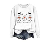 Halloween Sweatshirt For Women Tis The Season Bats Ghost Pumpkin Face Printed Crewneck Tops Sweatshirts Costumes Ladies Outfits Adult 2025 Pullover (White, S) Halloween Ladies Costumes