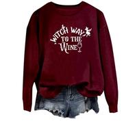 Halloween Sweatshirt For Women Witch Way To The Wine Hat Printed Crewneck Top Sweatshirts Costumes Outfits Ladies Adult 2025 Pullover (Red, 5XL) Womens Halloween Top