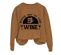 Halloween Sweatshirt For Women Witch Way To The Wine Printed Crewneck Long Sleeve Sweatshirts Costumes Adult Outfits 2025 Pullover Ladies (Brown, 3XL) Sexy Halloween Costumes