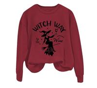 Halloween Sweatshirt For Women Witch Way To The Wine Printed Long Sleeve Crewneck Sweatshirts Costumes Adult Outfits Pullover 2025 Ladies (Red, L) Halloween Costumes For Women Scary