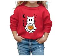 Halloween Sweatshirt Girls Kids Cute Cat Ghost Print Jumper Tops Crewneck Back to School Uniform Pullover Sweatshirts Casual Sweater Autumn Fashion Outdoor Clothes Age 3-10 (Red, 5-6 Years)