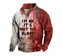 Halloween Sweatshirt Men Bloodstain Print Button Up Stand Collar Pullover Tops Long Sleeve Henley Jumpers with Bloody Splatter Pattern (Pink,3XL)